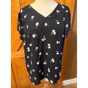 Navy Print Short Flowy Flutter Sleeve Top Transparent EUC Catherine Malandrino